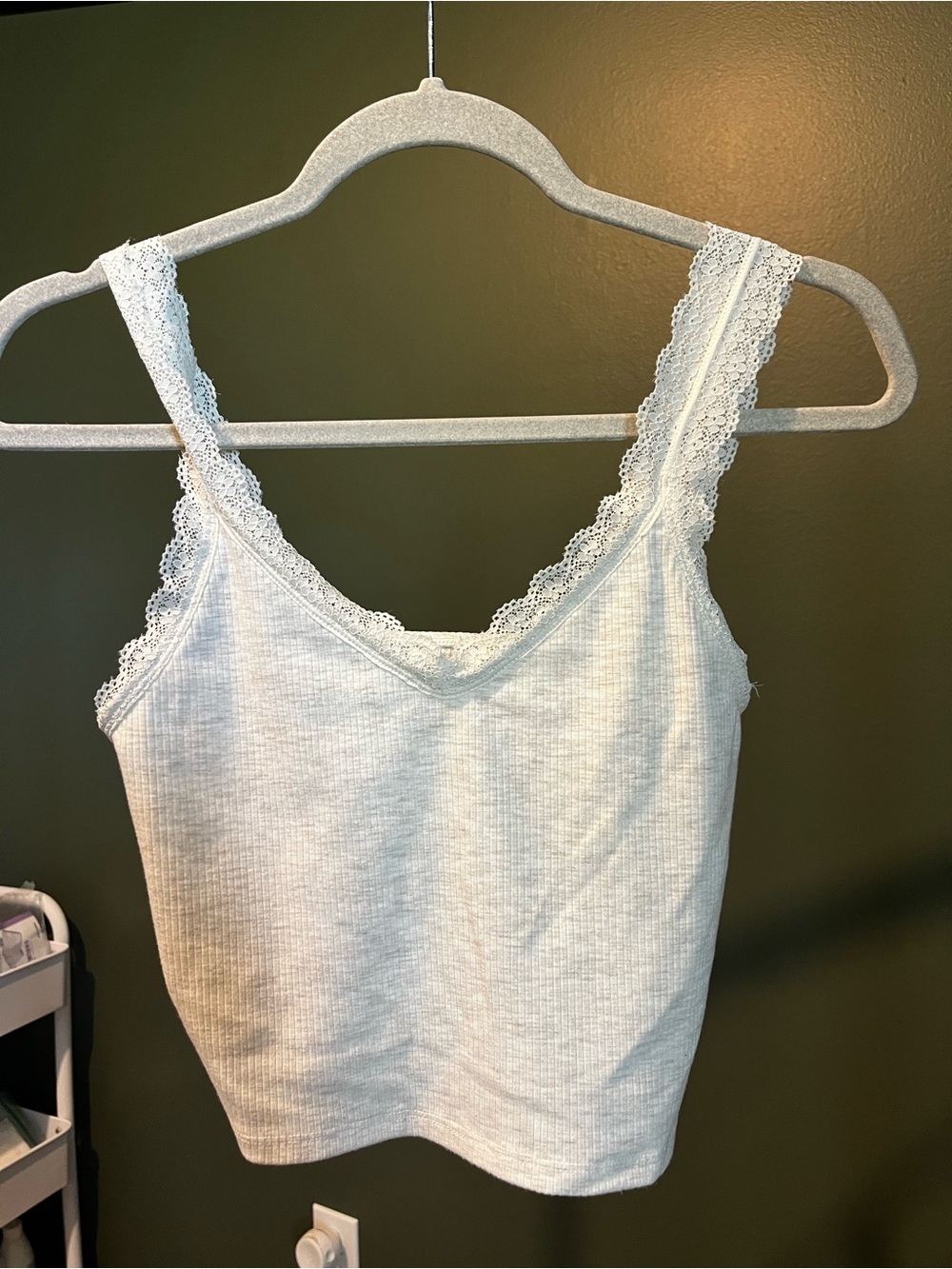 American Eagle White Ribbed Lace Trim V-Neck